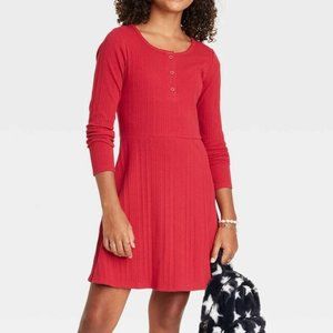 Art Class Girls Henley Long Sleeve Knit Dress in Red XS